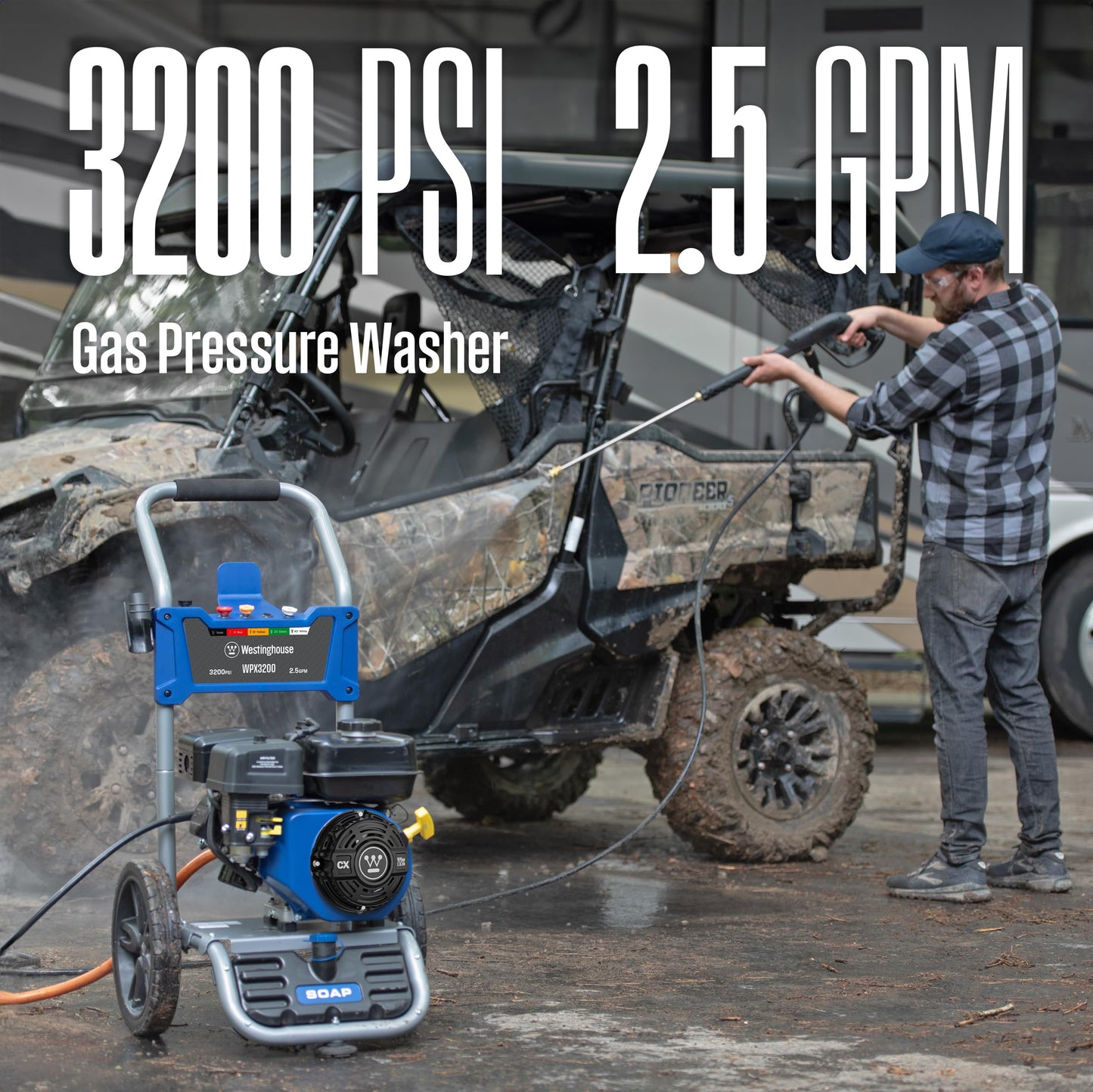 Westinghouse WPX3200 Gas Pressure Washer, 3200 PSI and 2.5 GPM, Onboard Soap Tank, Spray Gun and Wand, 5 Nozzle Set, for Cars/Fences/Driveways/Homes/Patios/Furniture