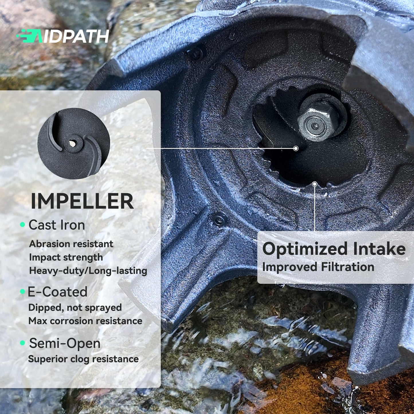 AIDPATH 1 HP Sewage Pump Submersible, Stainless Pump Casing, E-Coated Semi-Open Cast Iron Impeller, Auto Float Switch, 115V, 2" NPT Discharge for Sump Basin, Sewage Well, Basement, Septic Tank, Trash