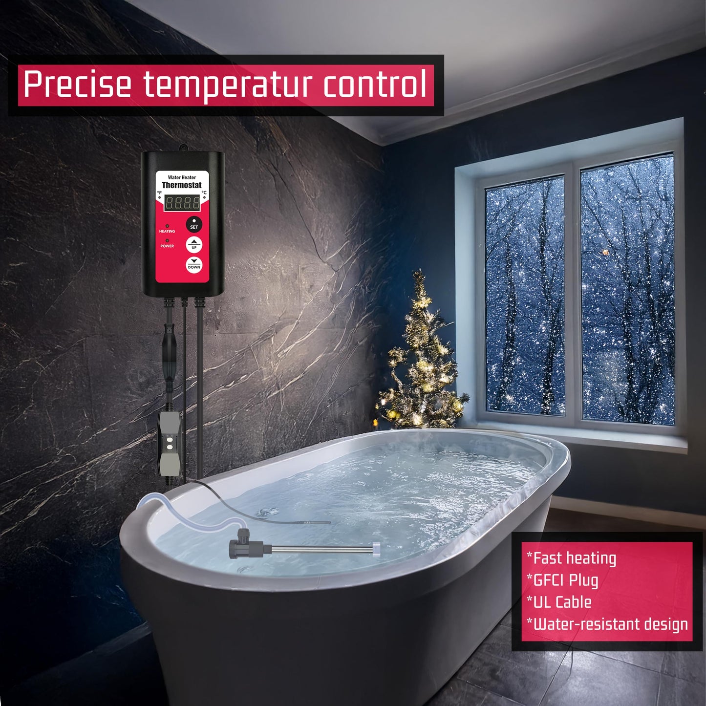 YLboyLIAN 1300W Titanium Immersion Pool & Bathtub Water Heater Portable Electric Submersible Heater with Temp Control & GFCI for Pond, Above Ground Pool, Inflatable Pool, Baptistry, Baptism & Hot Tub