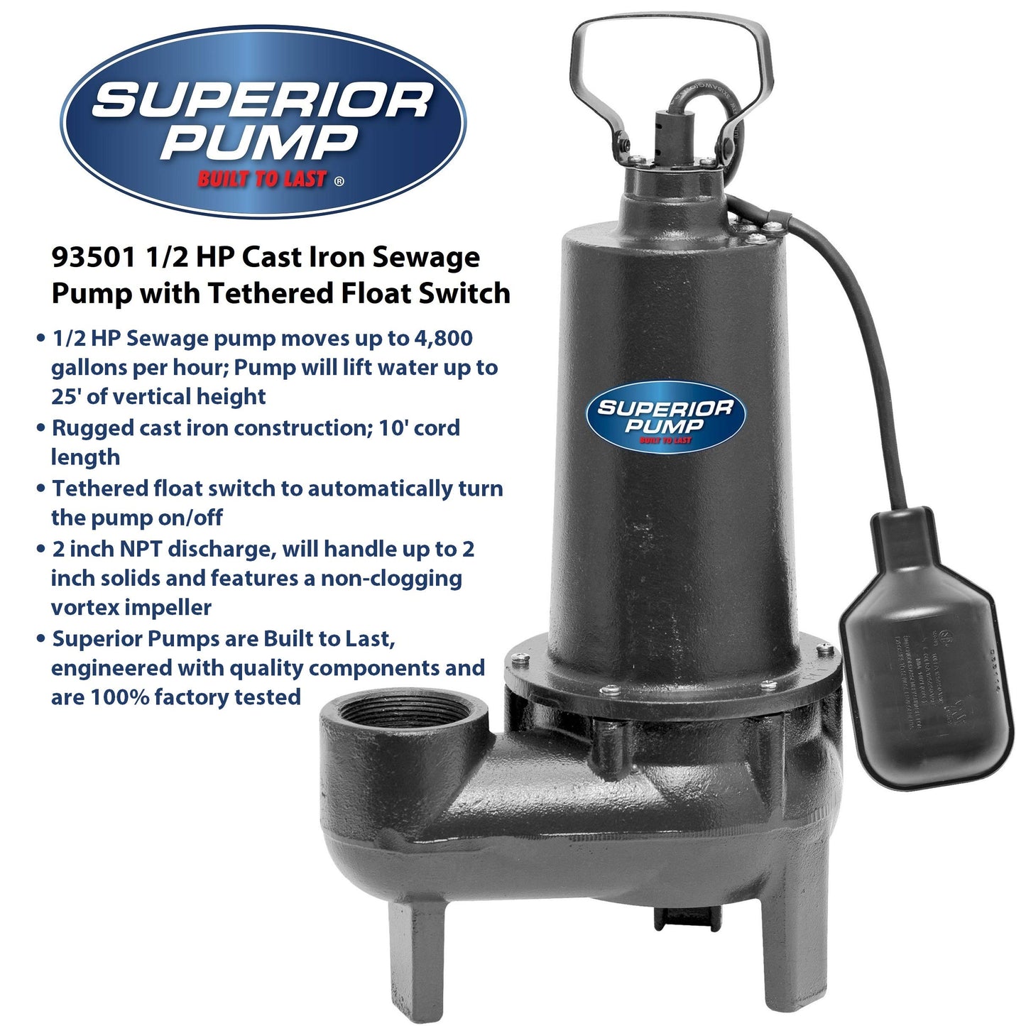 Superior Pump 93015-U Cast Iron Tethered Float Switch Sewage Pump with Basin Kit, 1/2 HP, Black