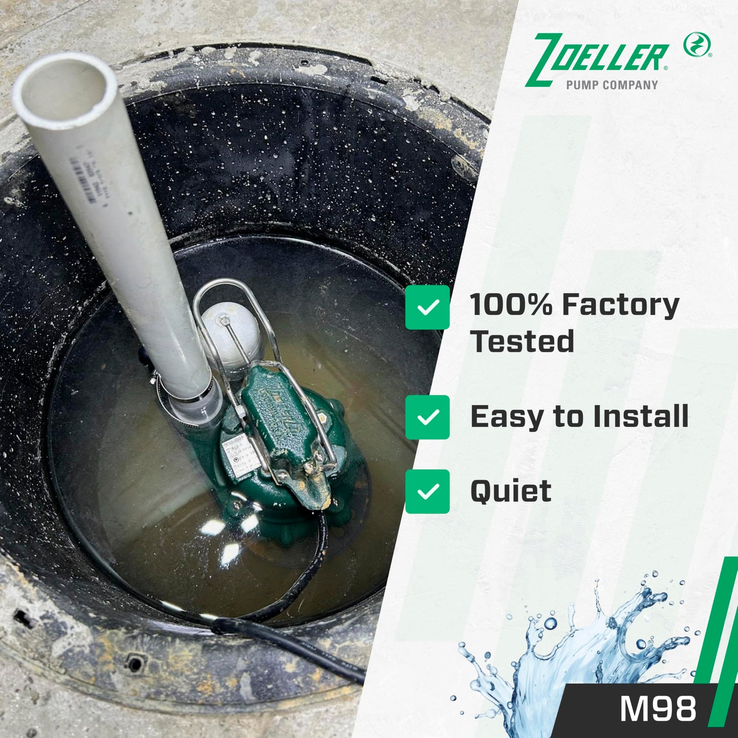 Zoeller M98 Flow-Mate Sump Pump - 1/2 HP - Cast Iron - LED Power Plug - High Flow - Vortex Impeller - Stainless Steel Hardware - Factory Tested and Float Operated - Submersible Sump Pump - 115V