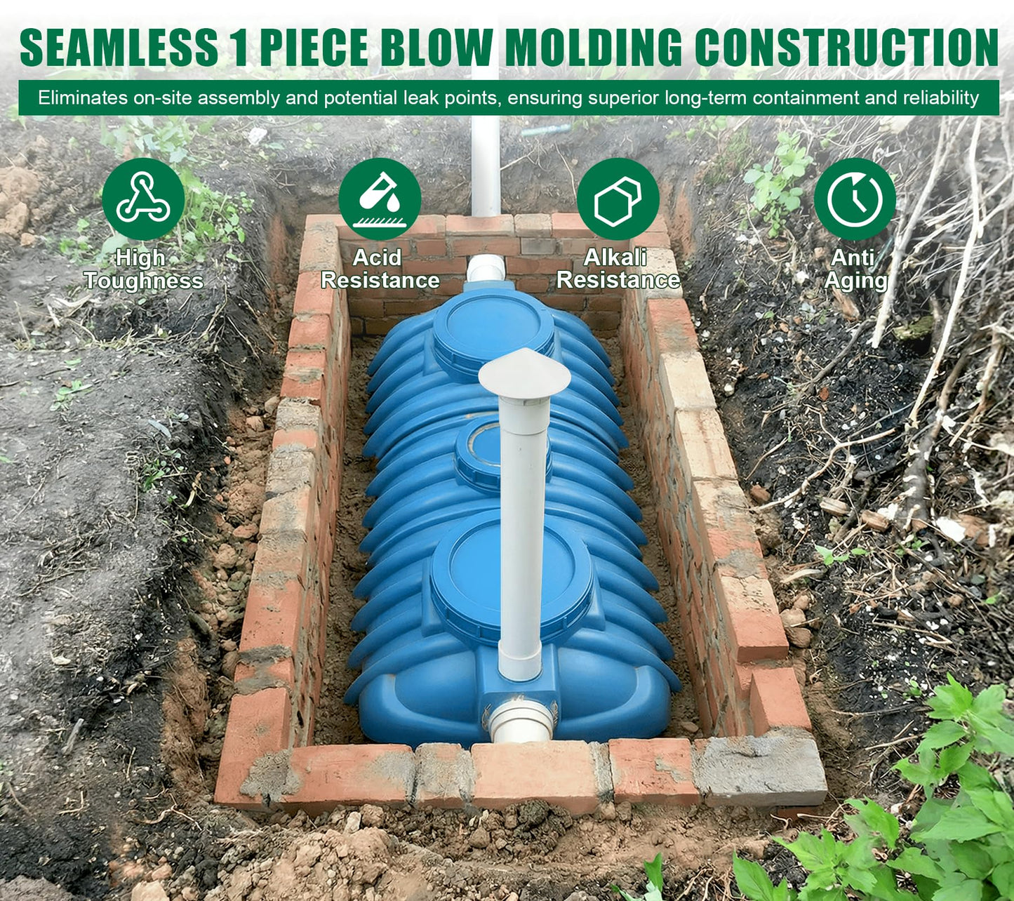 Natotela 264gal Monolithic PE Septic Tank Kit-65.4x30.7x31.5in Plastic Septic Tank System,Rectangle Septic System with Manhole Covers,Anti Corrosion Septic Kit for 3-5 Persons