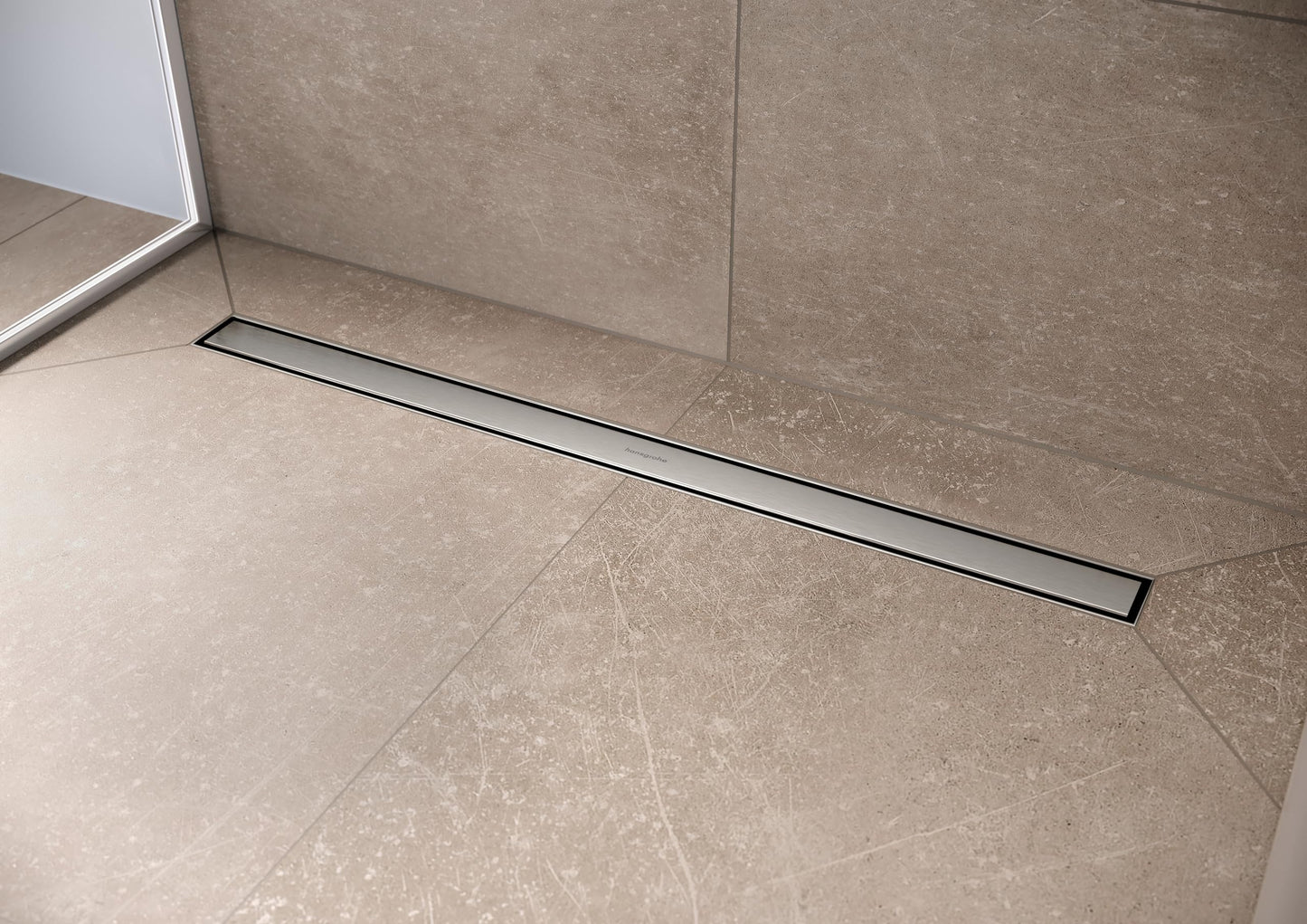 hansgrohe RainDrain Match Linear Tileable Shower Drain for 27 5/8" Rough with Height Adjustable Frame in Brushed Stainless Steel, Stainless Steel Rectangle Shower Floor Drain