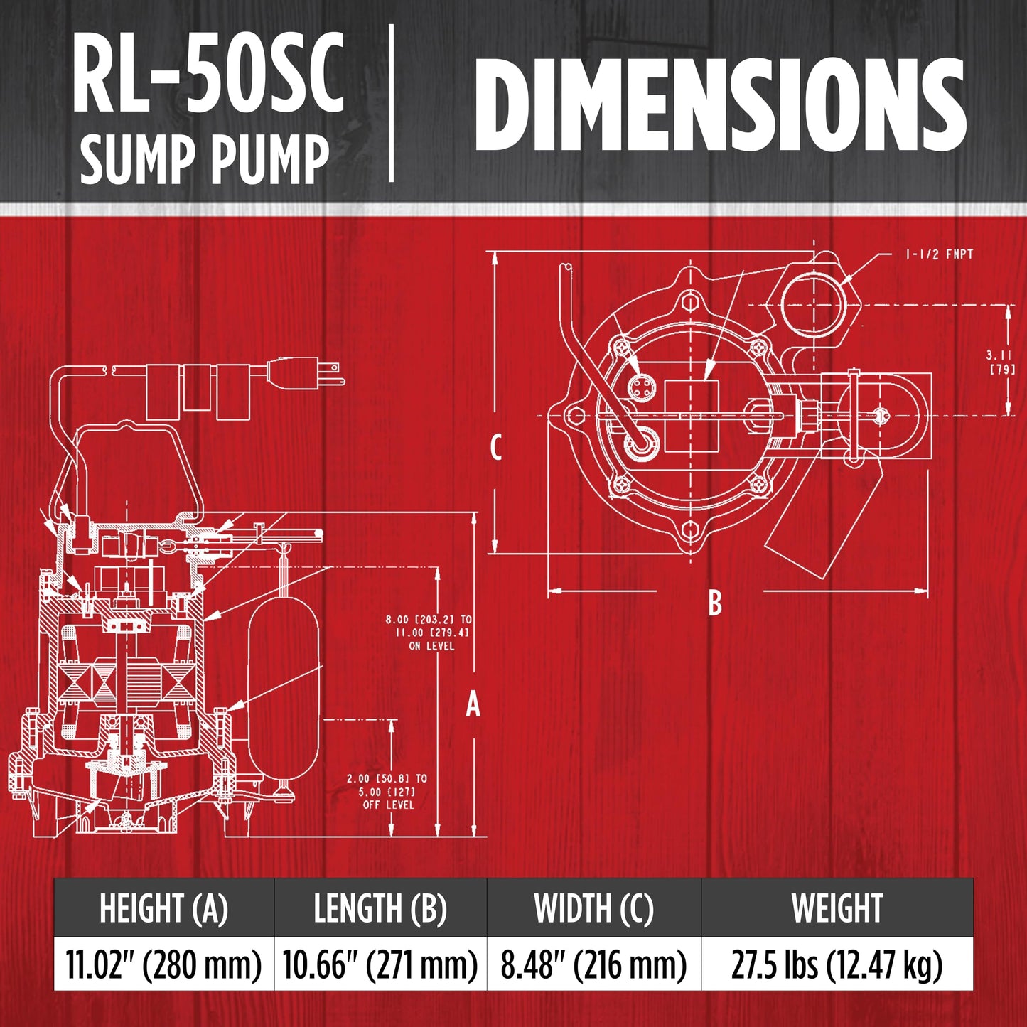Red Lion RL-50SC 1/2 HP, 115-Volt, 4000 GPH, Cast Iron Sump/Effluent Pump with Snap-Action Float Switch, Red, 14942653