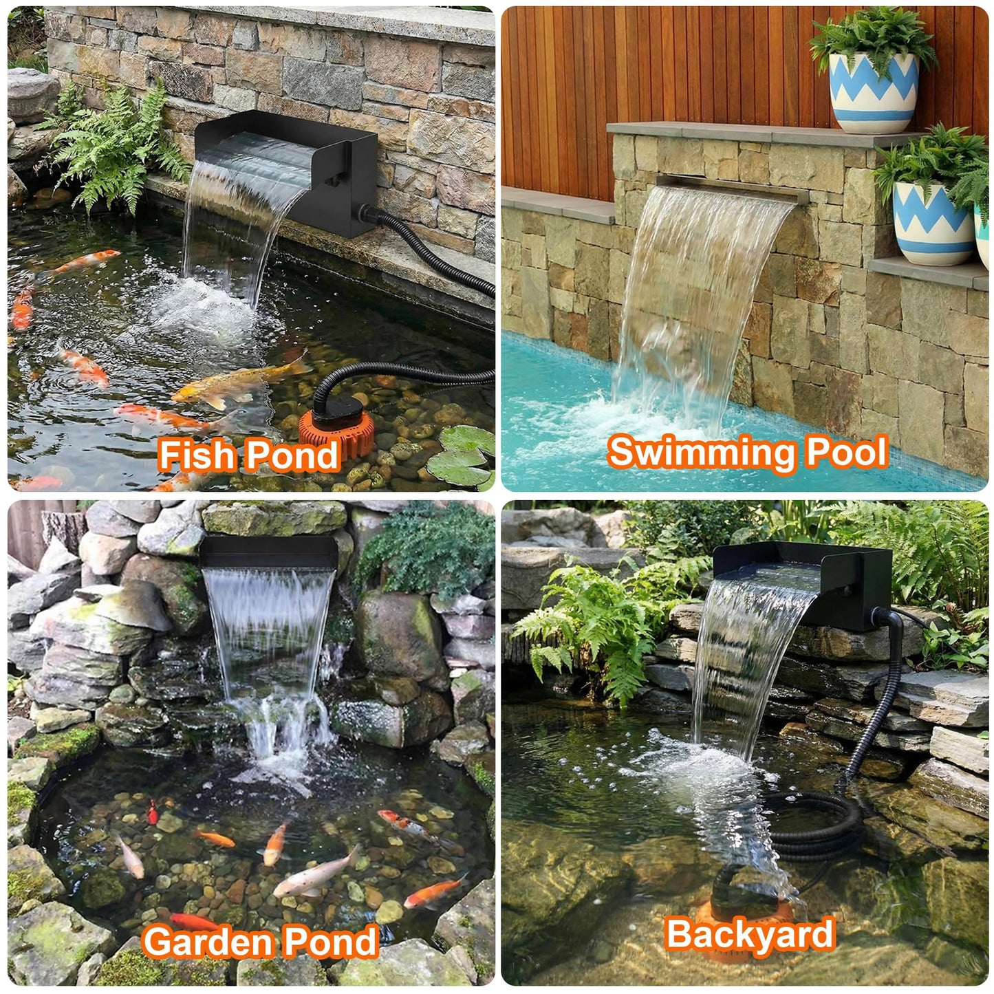 Augicy Pond Waterfall Spillway with LED Lights - 12-inch Stainless Steel Spillway and 850GPH Submersible Pump with Cover for Garden, Ponds, Backyard, Pool