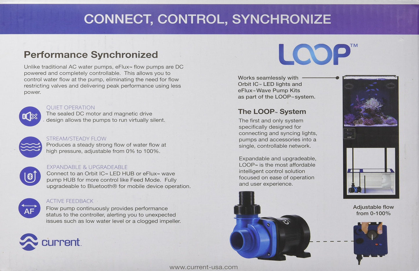 CURRENT USA eFlux DC Flow Pump with Control 1900 GPH | Loop Controllable Aquarium DC Return 380-1900 GPH | Quiet, Submersible or External | Fish Tank, Sump, Pond, Freshwater and Saltwater Marine Use