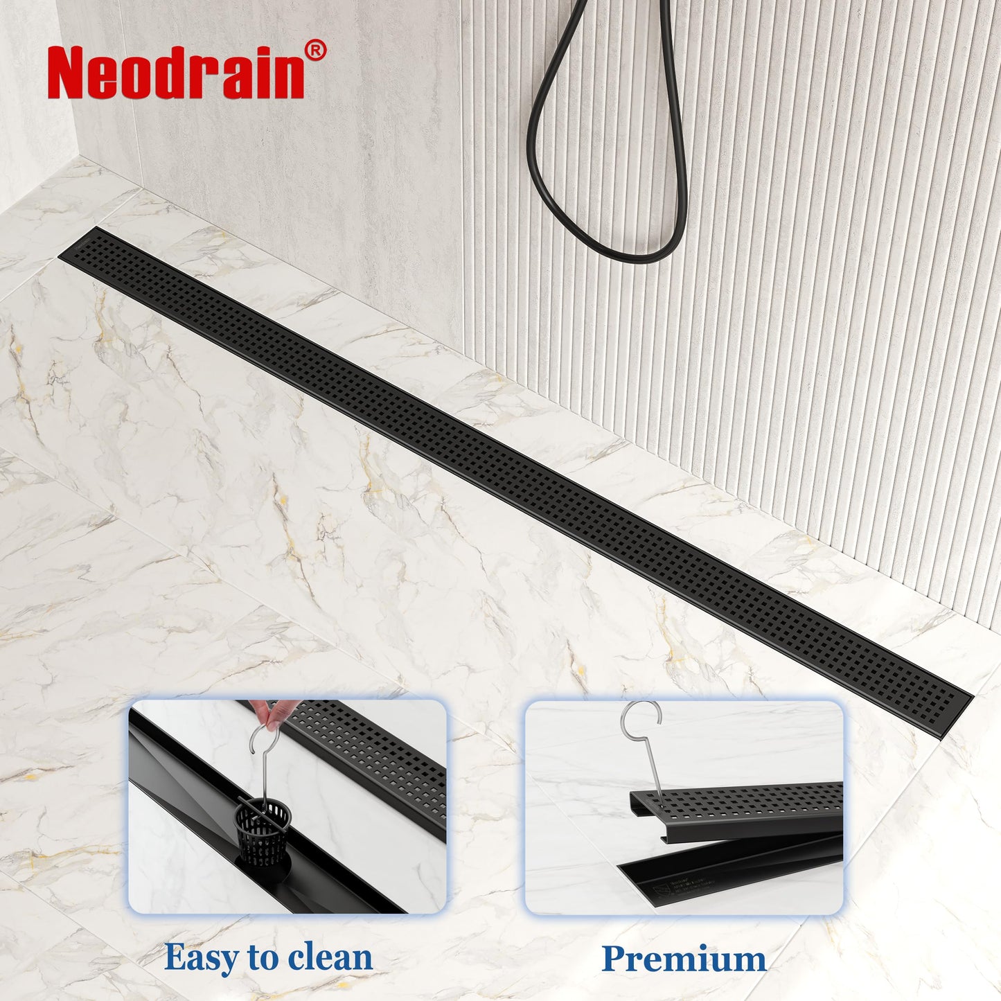 Neodrain 48-Inch Black Linear Shower Drain with Removable Quadrato Pattern Grate, heavy duty 304 Stainless Steel Rectangle Shower Floor Drain, linear drain with Leveling Feet,Hair Strainer,Matte Black
