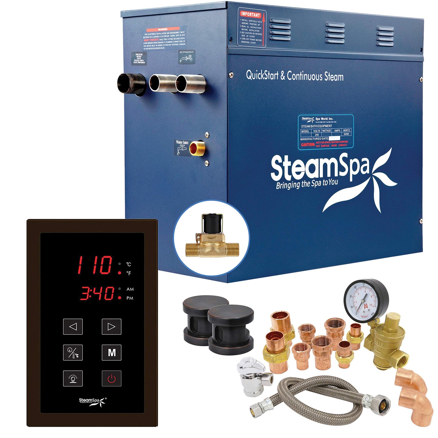 SteamSpa 10.5kW Steam Sauna Generator Premium Bundle 240V Steam Generator with Touch Pad Control, Steamheads, Pressure Relief Valve, Built-in Auto Drain and Plumber Quick Install Kit PRT1050OB-A