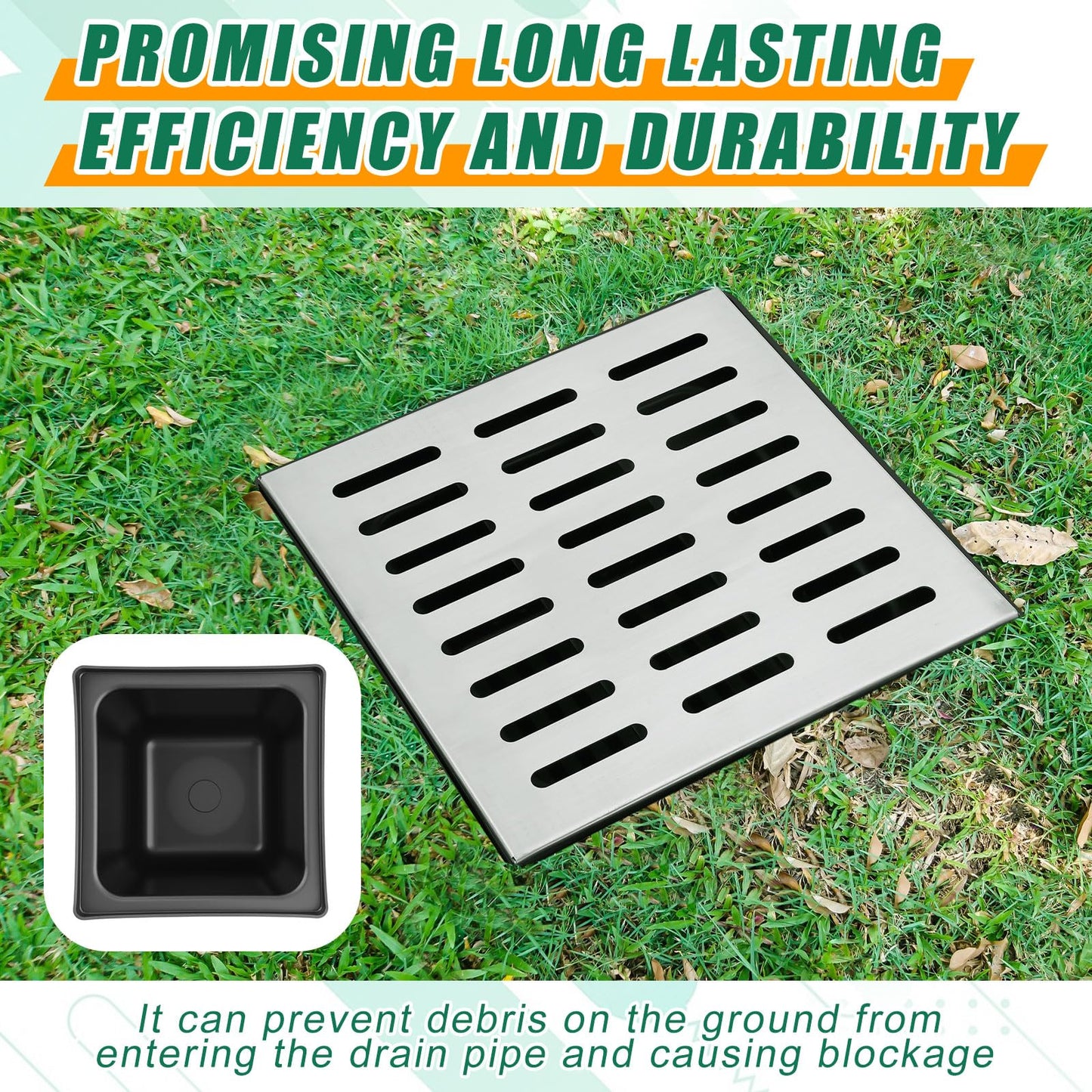 Kritkin18x18x15 Inch Catch Basin with Stainless Steel Grate Square Large Catch Basin for Drainage with Debris Basket French Drain Without Reserved Hole for Yard, Downspout, Municipal Pipeline