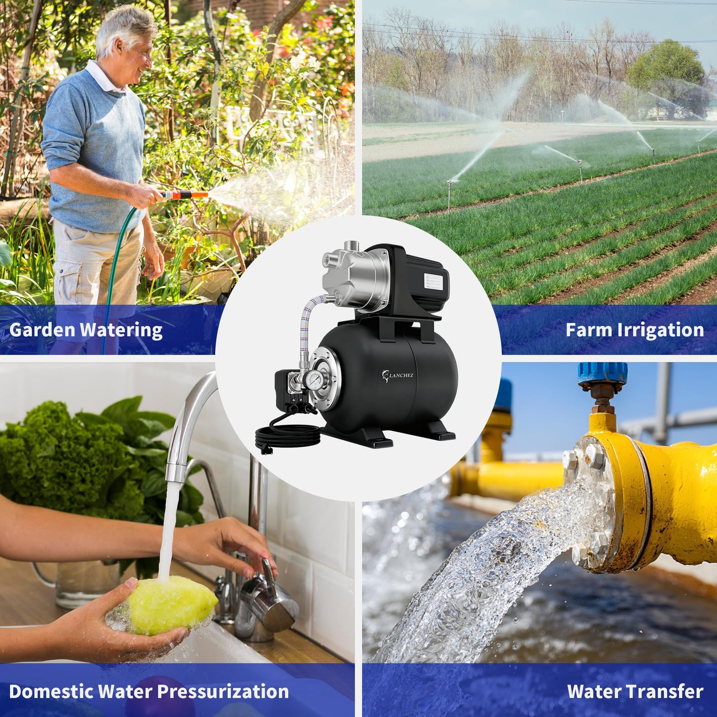 LANCHEZ Shallow Well Pump, Stainless Steel Water Transfer Pump, 115V Garden Irrigation Pump, Water Booster Jet Pump for Home Garden Lawn Farm, Matte black