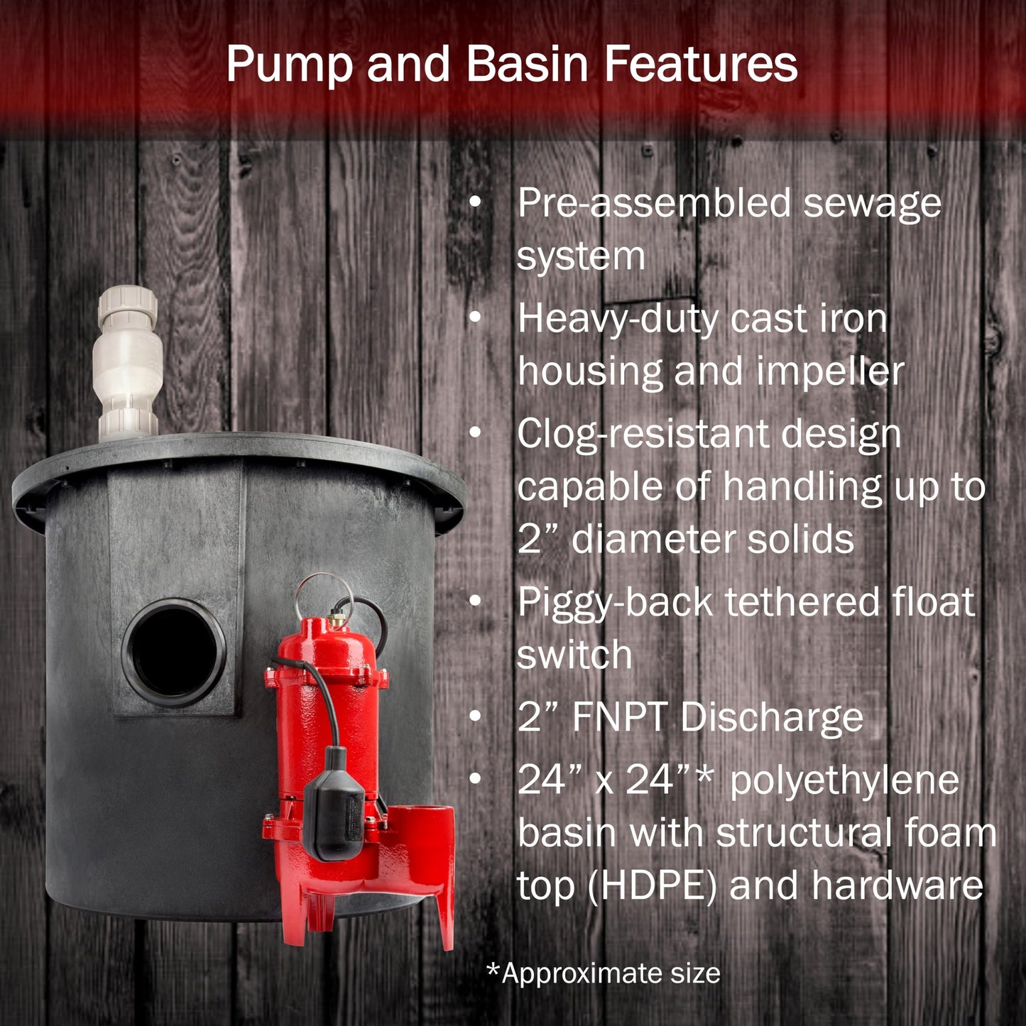 Red Lion RL-WCS50TA-24 1/2 HP 5600 GPH 115-Volt Cast Iron Sewage Pump and 24 x 24-inch Basin System, Red and Black, 14942756