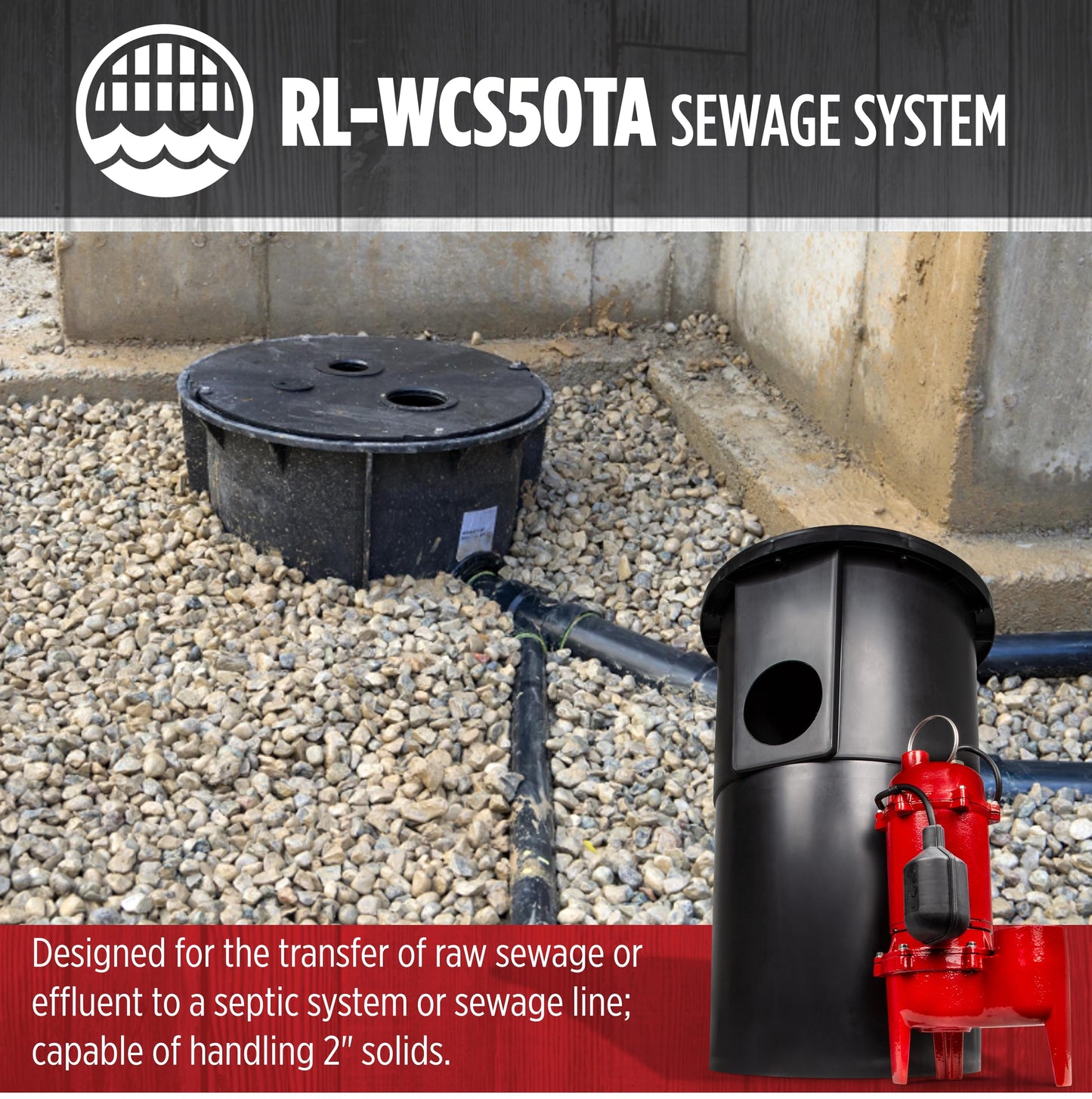 Red Lion RL-WCS50TA 115 Volt, 1/2 HP, 5600 GPH Automatic Sewage System with Cast Iron Pump and 18-inch x 30-inch Basin, Red/Black, 14942749