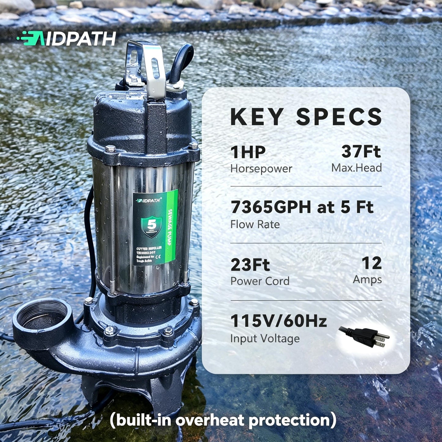 AIDPATH 1 HP Sewage Pump Submersible, Stainless Pump Casing, E-Coated Semi-Open Cast Iron Impeller, Auto Float Switch, 115V, 2" NPT Discharge for Sump Basin, Sewage Well, Basement, Septic Tank, Trash