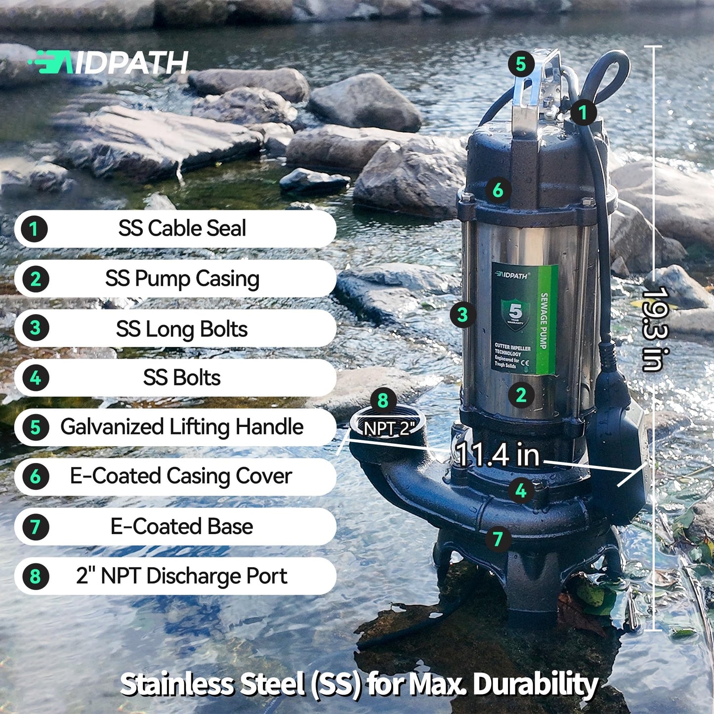 AIDPATH 1 HP Sewage Pump Submersible, Stainless Pump Casing, E-Coated Semi-Open Cast Iron Impeller, Auto Float Switch, 115V, 2" NPT Discharge for Sump Basin, Sewage Well, Basement, Septic Tank, Trash