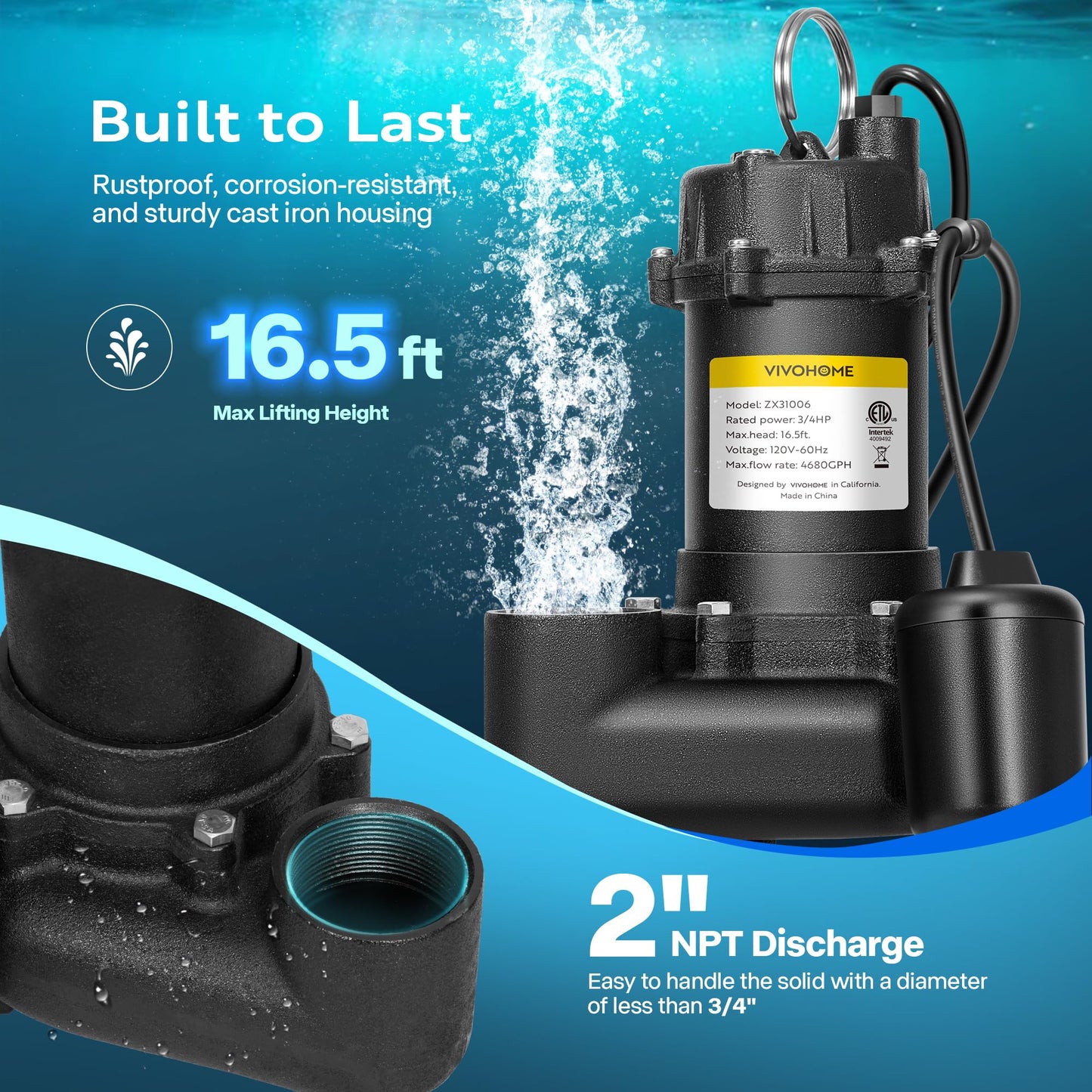 VIVOHOME 3/4 HP Submersible Cast Iron Sewage/Effluent Pump, 4680 GPH Float Switch Sump Pump with 2'' NPT Discharge for Basement, Septic Tank