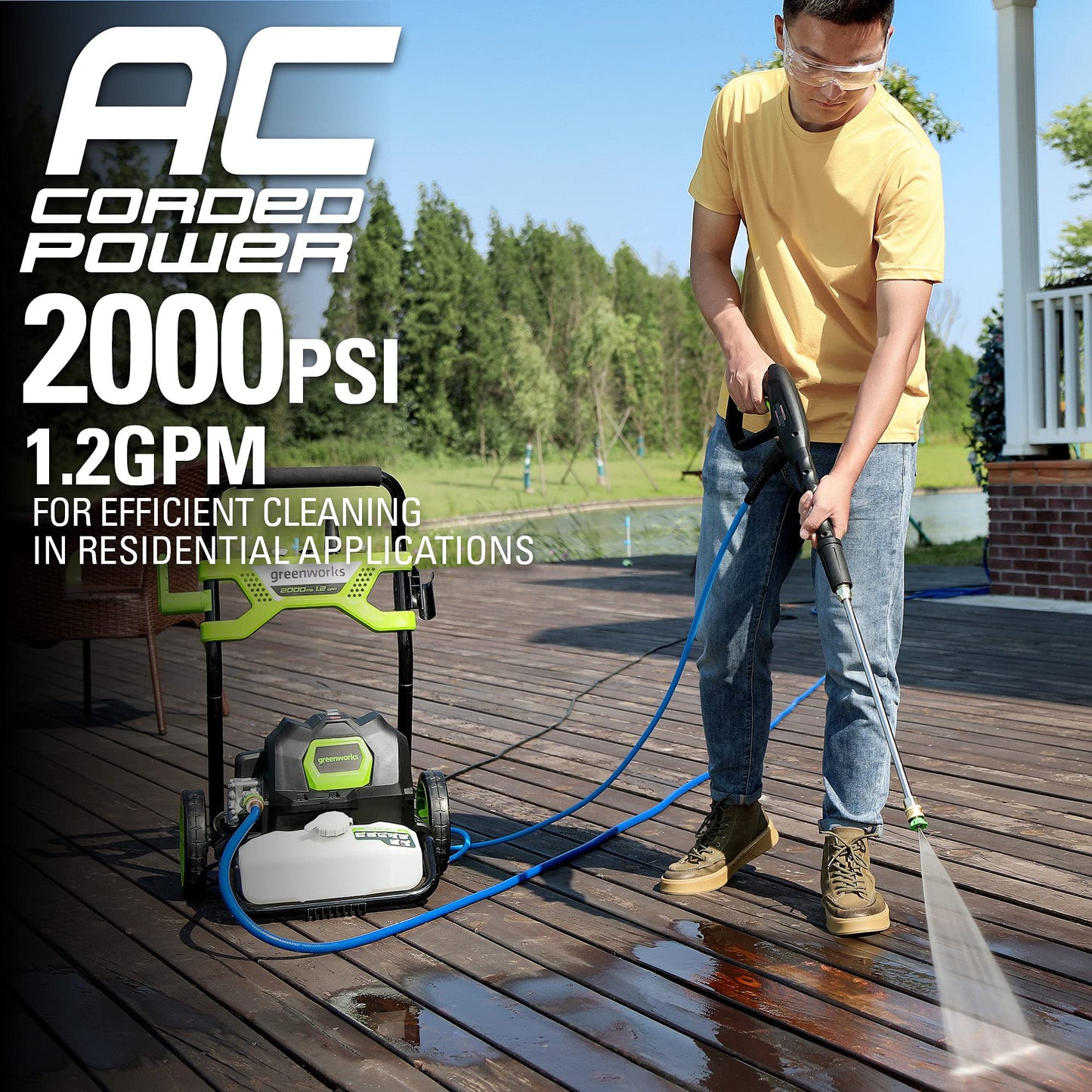 Greenworks 2000 PSI (1.2 GPM) Electric Pressure Washer, Steel Wand, On-Board Soap Tank (25°, 40°, Soap, and Turbo Nozzle)