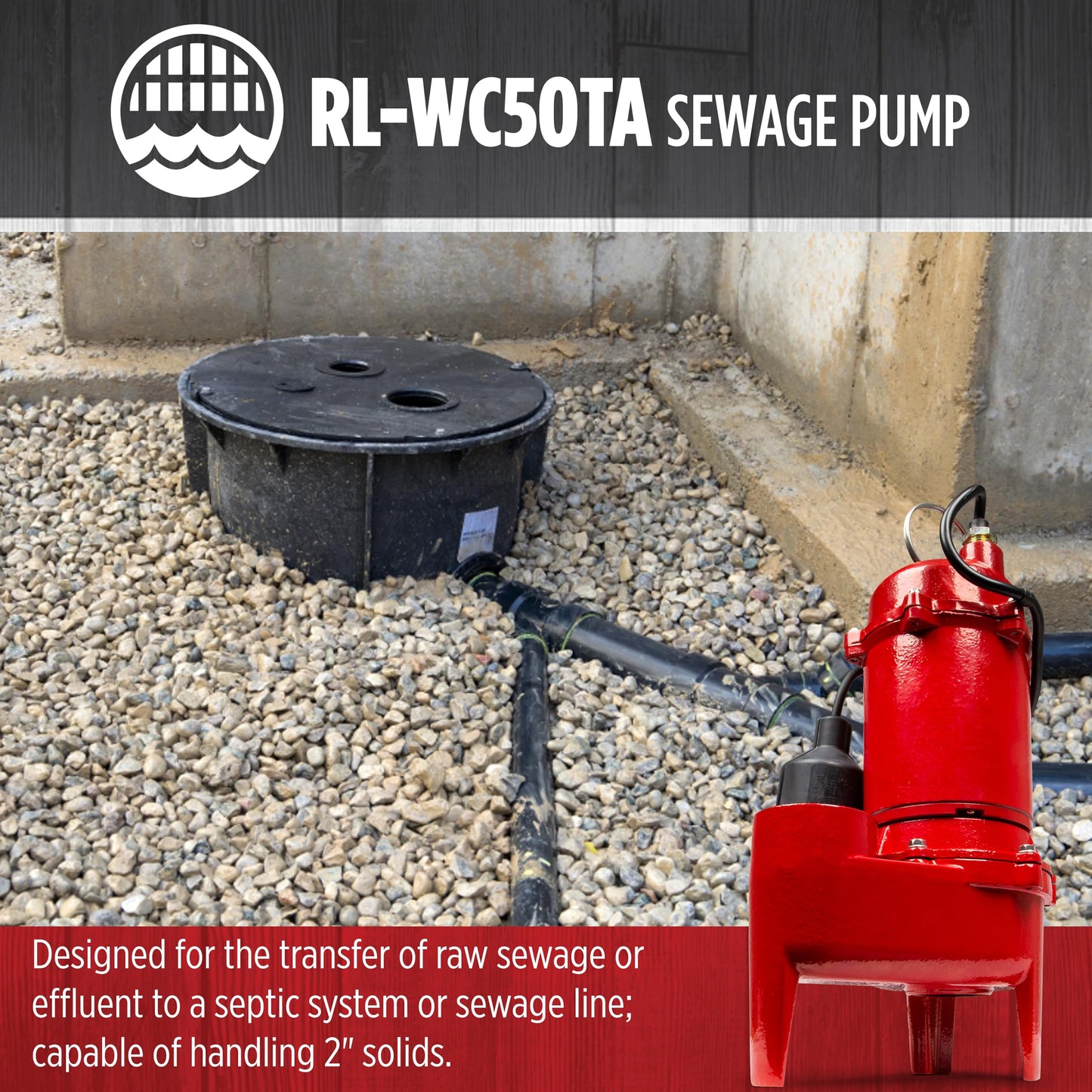 Red Lion RL-WC50TA 115 Volt, 1/2 HP, 5600 GPH Cast Iron Sewage Pump with Tethered Switch and 10-Ft. Cord, Red, 14942748