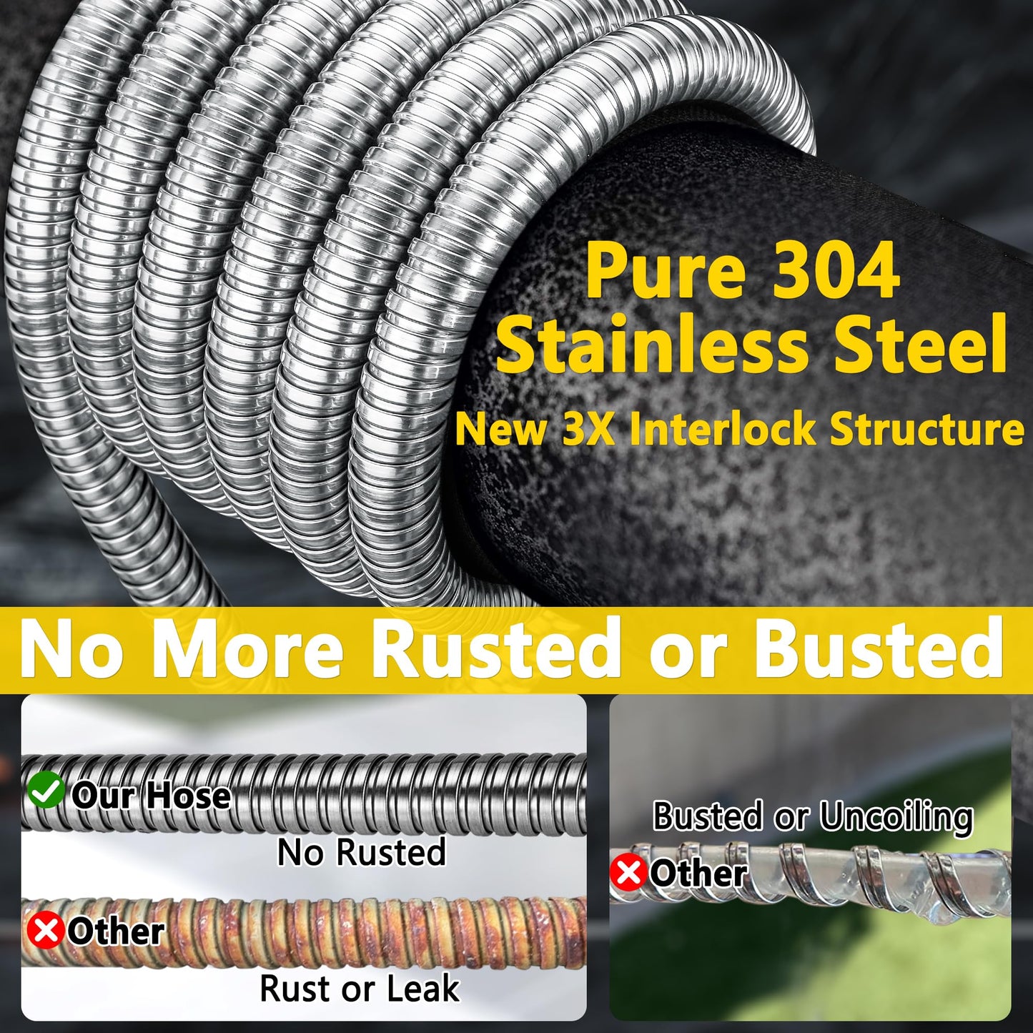 200 ft Stainless Steel Garden Hose - 2026 New Technology Metal Water Hoses with 3/4" Solid Brass Fitting - Lightweight,Ultra Flexible,Durable,Kink-Less Watering Pipes Hoses For Yard, Outdoor