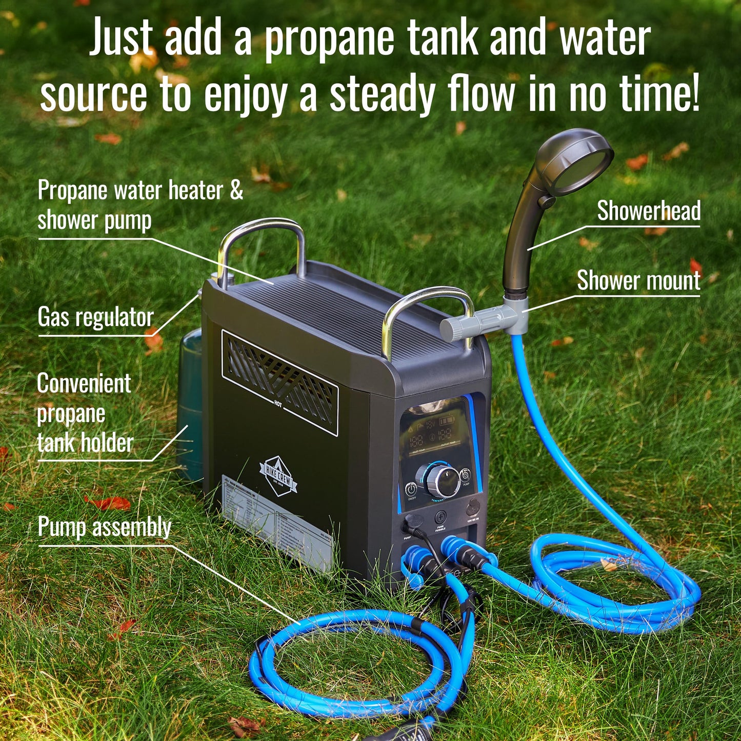 Hike Crew Propane Water Heater & Shower Pump | Rechargeable Portable Outdoor Water System w/Shower Head Attachment for Instant Hot Water While Camping, Hiking, Glamping & Vacationing